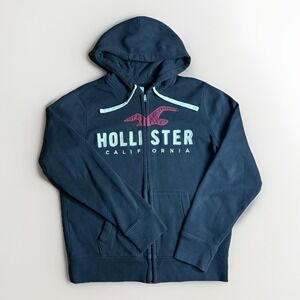 Vintage Y2K Hollister Hoodie Men's Large Navy Blue Full Zip Thermal California